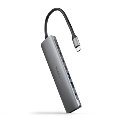 Hub nanocable usb - c 8 en 1 conversor usb - c 3.1 a 2xusb - a 3.0 + 3xusb - c 3.0 + usb - c pd + hdmi 4k@60hz + audio jack 3.5 aluminio gris 18 cm