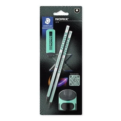 BLISTER CON 2 LÁPICES DE GRAFITO NORIX HB, AFILALÁPICES Y GOMA TURQUESA STAEDTLER 181 SBK2-3