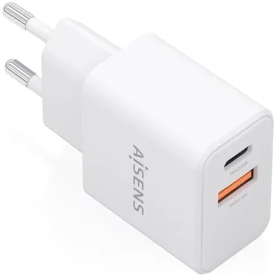 Cargador de Pared GaN Aisens A110-1025/ 1xUSB Tipo-C/ 1xUSB/ 20W/ Blanco