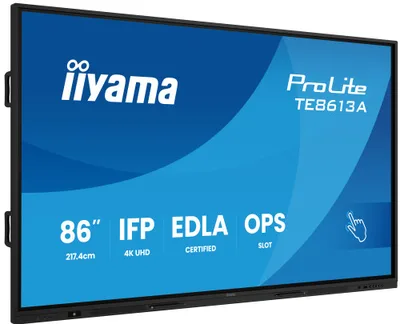 iiyama TE8613A-B2AG Panel Plano Interactivo IFP 86" IPS 4K IR 40-puntos 500cd Android 14 Google EDLA 2x20W WiFi VESA