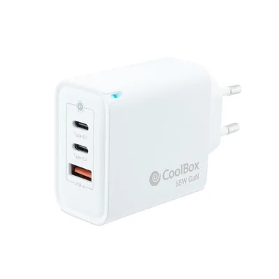 Cargador usb de pared coolbox 65w gan 2 x usb tipo c - usb tipo a