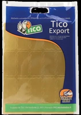 PAQUETE 10 HOJAS ETIQUETAS SATINADAS ORO 45X21 MM TICO E-GL-4521