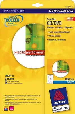 PAQUETE 25 HOJAS ETIQUETAS FULL-FACE NO TOUCH BLANCAS PAPEL CUCHÉ OPACA PARA CD-IMPRESORAS INYECCIÓN TINTA-117 MM AVERY J8676-25
