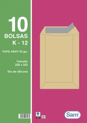 PAQUETES DE 10 BOLSAS KRAFT, CON TIRA DE SILICONA TAMAÑO 250X353 90 GRS. SAM 665101