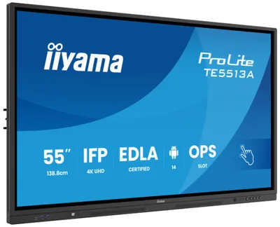 IIYAMA TACTIL 55" (EDLA), ANDROID 14 / 8C SOC, 6/128GB, 40P 3840X2160, UHD IPS , NFC, MM 2X 20W+20W SWF, 2X HDMI, USB-C, DP, 2X USB-C,450CD/M2, LANDSC. MODE, MPLAY USB ,LAN, WIFI6, BT5.0, RS232C, OPS, VESA 400X400 WM INCL (TE5513A-B3AG)