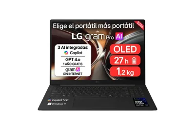 LG PORTÁTIL 16" GRAM PRO 16Z90U-K, COPILOT+ PC, WINDOWS 11 HOME, INTEL CORE ULTRA 7, 32 GB RAM, 512 GB SSD, PANTALLA OLED, LIGERO, AI, NEGRO