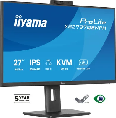 MONITOR IIYAMA 27" CON CAMARA INTEGRADA DE 5 MP COMPATIBLE CON WINDOWS HELLO, MICROFONO, DOCK USB-C, LAN, CONMUTADOR KVM Y SOPORTE AJUSTABLE EN ALTURA DE 15 CM