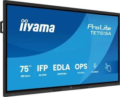 IIYAMA 75" STYLISH IFP,  (EDLA)/ANDROID 14,8 CORE SOC, 8/128GB, 40-PTS, UHD VA, NFC, PIR , MM 2X20W +20W SBUW, 8-ARRAY MICRO, 2XHDMI, HDMI-OUT, DP, USB-C100W PD/ MINI-JACK / OPT.OUT, 550CD/M2, L/S MODE, AG GLASS, LAN, WIFI6, BT5.0/IIWARE, PC SLOT,800