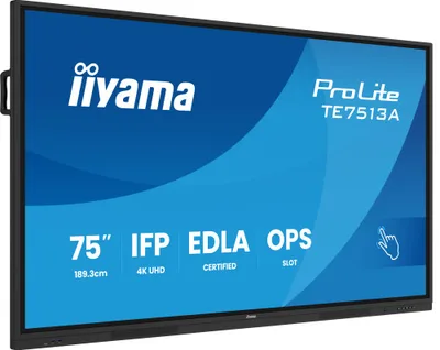 IIYAMA 75" (EDLA)/ANDROID 14,8 CORE SOC, 8/128GB, 40-PTS  UHD , NFC, PIR , MM 2X20W +20W SBUW, 2XHDMI, USB-C / HDMI,DP, 2XUSB-C100W PD/MINI-JACK / OPT.OUT, 450CD/M2, L/S MODE, AG GLASS, LAN, WIFI6, BT5.0/IIWARE, PC SLOT,800X400 (WM INCL.) (TE7513A-B2