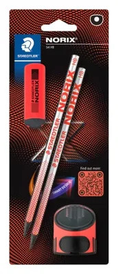 BLISTER CON 2 LÁPICES DE GRAFITO NORIX HB, AFILALÁPICES Y GOMA ROJO STAEDTLER 181 SBK2-2