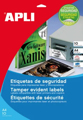 PAQUETE 10 HOJAS A4 ETIQUETAS DE SEGURIDAD POLIESTER PLATA 45,7 X 21,2MM APLI 11272