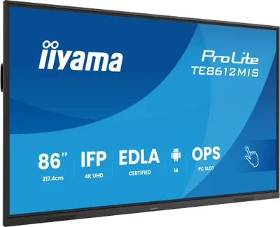 MONITOR INTERACTIVO IIYAMA 86" EDLA, ANDROID 14, 8/128GB, 40-P,3840X2160,UHD,MM 2X 20W,VGA,HDMI 2X /1XOUT, 2X USB-C,MINI-JACK OPTICAL OUT,USB TOUCH, 400CD/M2,LANDSC MODE,MEDIA PLAY USB, AG,LAN,RS232C,IIWARE,WIFI/BT,VESA 800X600,SLOT OPC (TE8612MIS-B4