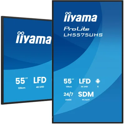 MONITOR IIYAMA 55" 3840X2160, UHD VA, 500CD/M2, HORIZ VERT,FAILOVER,MM 2X 10W, HDMI 3X, DP, DP-OUT, USB 2.0 X2, WIFI, LAN, MEDIA PLAY USB, LAN / RS232C, IISIGNAGE2, IISHARE, IICONTROL ANDROID 11, PC-SLOT SDM-L, 24/7, VESA 400X400 (LH5575UHS-B2AG)