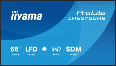 MONITOR IIYAMA 65" (LH6575UHS-B1AG)3840X2160, UHD IPS PANEL, OPERACION 24/7 500CD/M, LANDSCAPE PORTRAIT, SIGNAL FAILOVER, SPEAKERS 2X 10W, MULTIPLE INPUTS (DVI-I (VGA),HDMI 3X, DP-OUT ,USB 2.0 X2, WIFI, LAN, MEDIA PLAY USB PORT, CONTROL LAN/RS232