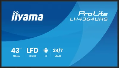 IIYAMA MONITOR 43" 3840x2160, UHD VA DLED  500cd/m, HORIZ Y VERT, MM 2x 10W, 2x HDMIx 1x USB-C, USB 2.0 x2, WiFi, LAN, Media Play USB Port, Control LAN / RS232C, Android 14 OS, 24/7 Operation, VESA Mount 300x300 - wallmount included (LH4364UHS-B1AG)