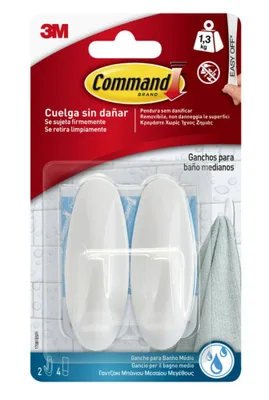 BLISTER 2 GANCHOS ADHESIVOS MEDIANOS HASTA 1,3KG BLANCO PARA BAÑO COMMAND 17081B 3M 7100121117