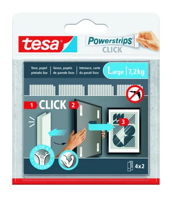 BLISTER TIRAS ADHESIVAS CUELGA OBJETOS POWERSTRIPS CLIK 7,2KG  4 PARES 85X20MM "L" TESA 77722-00001-00