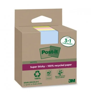 PACK 3+1 BLOCS 90 HOJAS NOTAS RECICLADAS ADHESIVAS 76X76MM SUPER STICKY COLORES SURTIDOS 654 RSSCOL3+1 POST-IT 7100285103