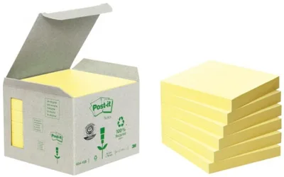 PACK 6 BLOCS 100 HOJAS NOTAS RECICLADAS ADHESIVAS 76X76MM AMARILLO CAJA CARTÓN 654-1B POST-IT 7100172252