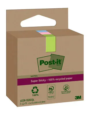 PACK 3 BLOCS 70 HOJAS NOTAS RECICLADAS ADHESIVAS 47,6X47,6MM SUPER STICKY COLORES SURTIDOS CAJA CARTÓN 622 RSS3COL POST-IT 7100284577