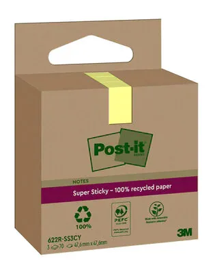 PACK 3 BLOCS 70 HOJAS NOTAS RECICLADAS ADHESIVAS 47,6X47,6MM SUPER STICKY AMARILLO PASTEL CAJA CARTÓN 622 RSS3CY POST-IT 7100284575