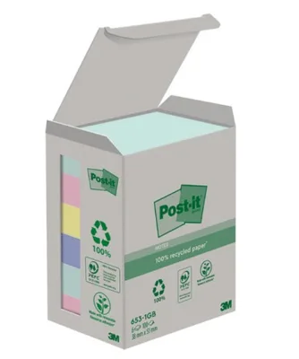 PACK 6 BLOCS 100 HOJAS NOTAS RECICLADAS ADHESIVAS 38X51MM COLORES SURTIDOS CAJA CARTÓN 653-1GB POST-IT 7100259445