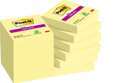 PACK 12 BLOCS 90 HOJAS NOTAS ADHESIVAS 47,6X47,6MM SUPER STICKY CANARY YELLOW CAJA CARTÓN 622-12SSCY-EU POST-IT 7100290190