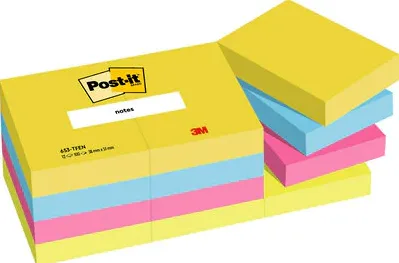 PACK 12 BLOCS 100 HOJAS NOTAS ADHESIVAS 38X51MM COLECCIÓN ENERGETIC EN CAJA CARTÓN 653 TFEN POST-IT 7100290179