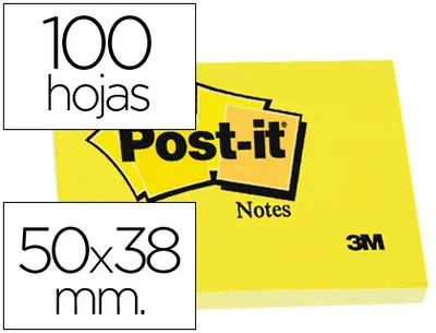 PACK 12 BLOCS 100 HOJAS NOTAS ADHESIVAS 38X51MM CANARY YELLOW SIN ENCELOFANADO INDIVIDUAL 653-E POST-IT 7100290163