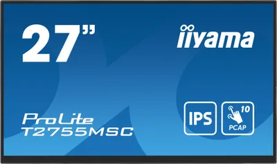 MONITOR IIYAMA 27" IPS BONDED PCAP 10P TOUCH, 1920X1080, FLAT BEZEL FREE GLASS FRONT, HDMI, DISPLAYPORT, 360CD/M², USB HUB 2X 3.2, SPEAKERS, BUILT-IN WEBCAM & MICROPHONE, BOOKSTAND (T2755MSC-B1)