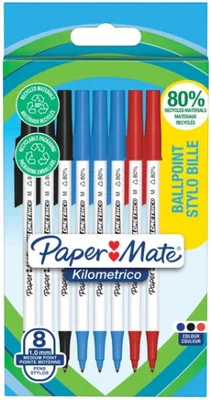 BLÍSTER 8 BOLÍGRAFOS PAPER MATE KILOMÉTRICO PUNTA MEDIANA (1,0MM) TINTA NEGRA, AZUL Y ROJA 80% RECICLADO PAPER MATE 2187680