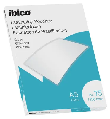 CAJA 100 BOLSAS DE PLASTIFICACION 154X216 A5 BRILLO 75 MICRAS IBICO 627314