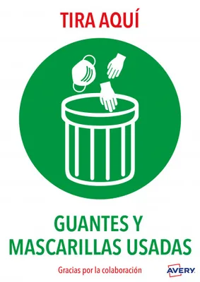 SEÑALES ADHESIVOS PREIMPRESO  "TIRA AQUÍ GUANTES Y MASCARILLAS USADAS" SOBRE DE 2 HOJAS EN A4 AVERY AV_KITCOVID7_ES