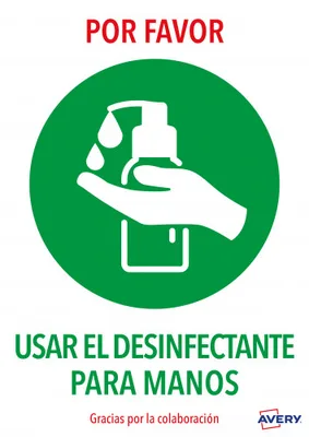 SEÑALES ADHESIVOS PREIMPRESO  "USAR DESINFECTANTE PARA LAS MANOS" SOBRE DE 2 HOJAS EN A4 AVERY AV_KITCOVID3_ES